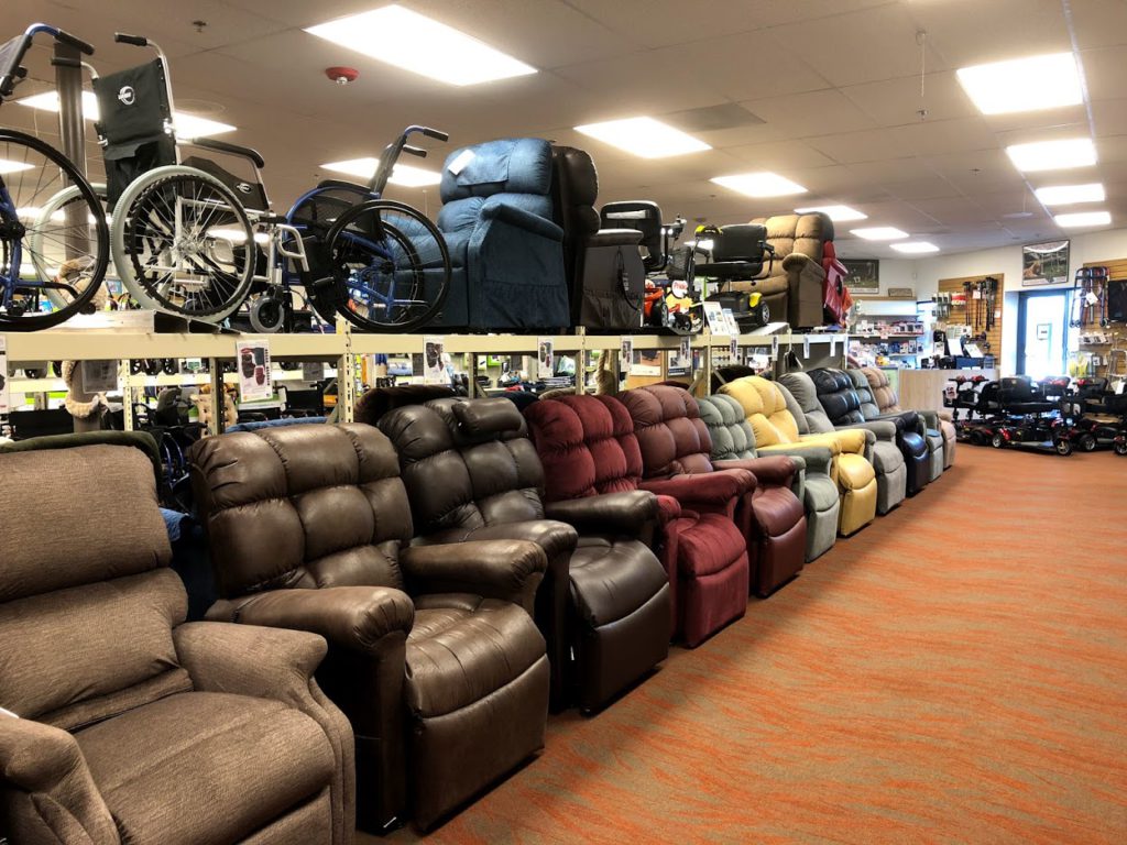 Photo of many lift chairs on the display floor at Oswald's Medical, Naperville location.