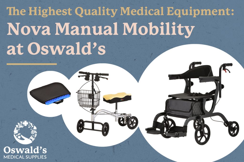 Promotional image for Nova Medical Products at Oswald’s Medical Supplies, featuring a Nova Happy Tush seat cushion, a Nova TKW-12 knee walker with a padded knee rest and basket, and a Nova Gemini 2-in-1 rollator and transport chair. The background has a blue textured design with bold text stating 'The Highest Quality Medical Equipment: Nova Medical Products at Oswald’s.