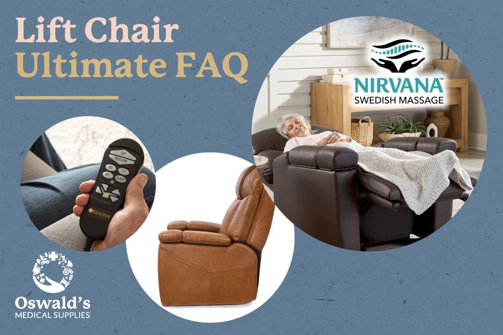 Lift chair infographic with reclining woman, massage logo, leather chair, and remote control, branded with Oswald’s Medical Supplies.