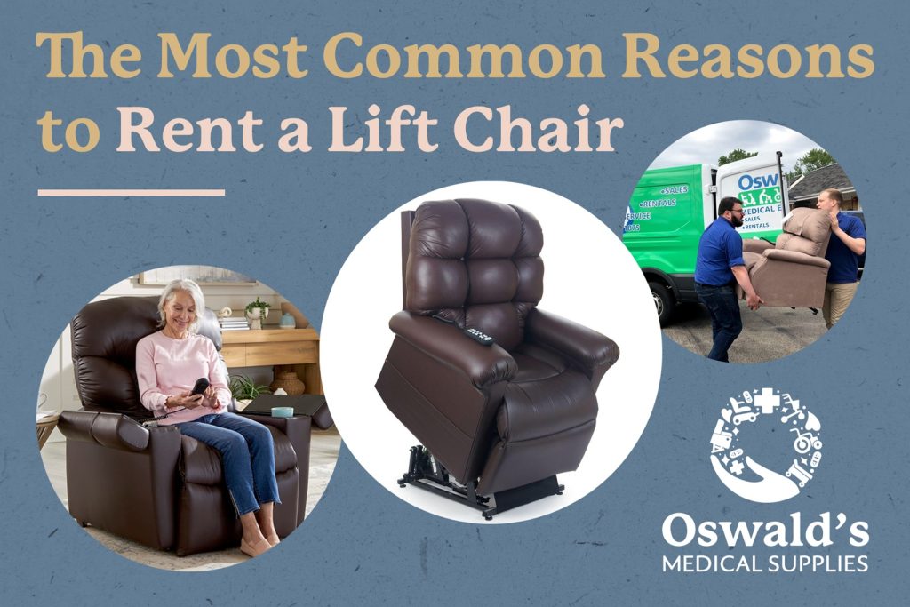 Common Reasons to Rent a Lift Chair. Photo of the title over various lift chair photos.